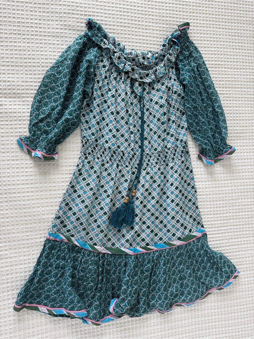 Talitha Teal Patterned Girls' Boho Dress with Tassel Tie
